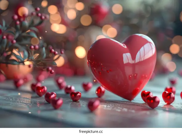 Red Heart on Wooden Table with Blurred Background