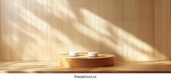 Wooden Podium Display with Soft Sunlight