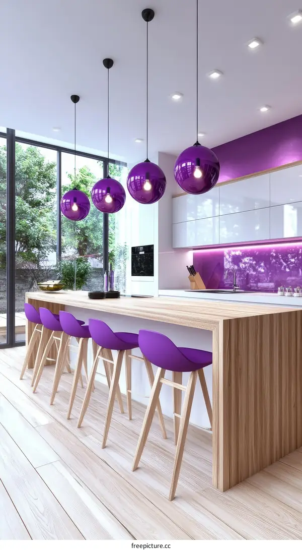 Modern Purple Kitchen Island with Pendant Lights