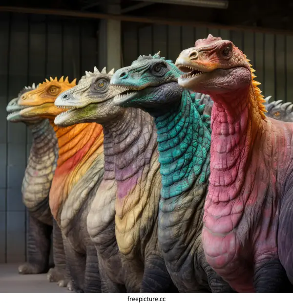 A Group of Multi-Colored Dinosaurs in a Line