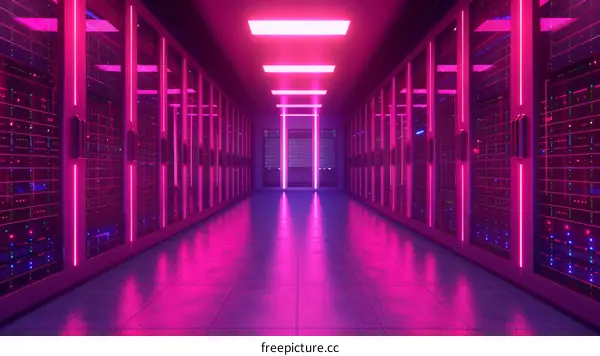 futuristic glowing pink server room