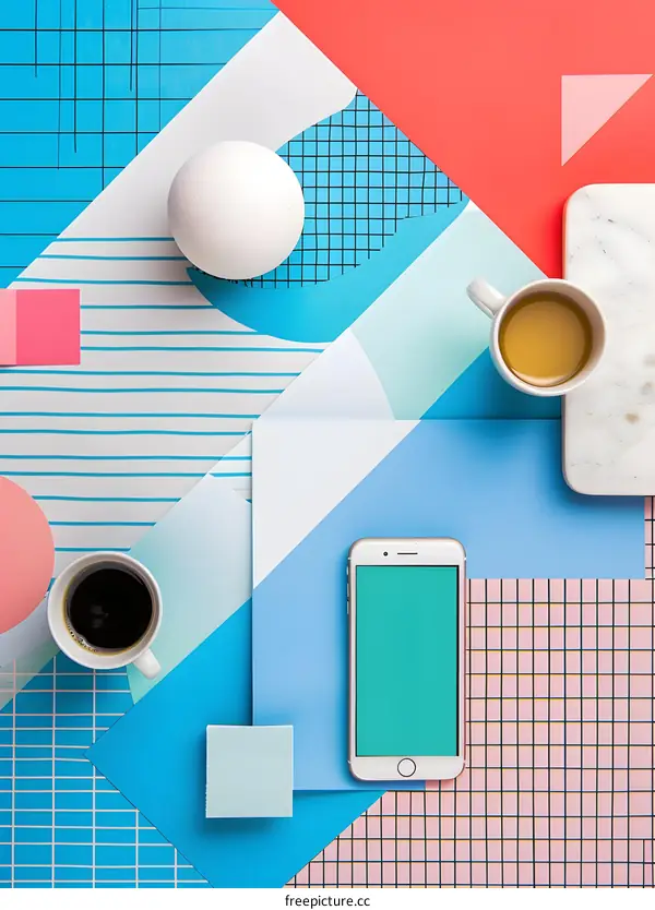 Flat Lay of Phone, Coffee Cups and Geometric Shapes