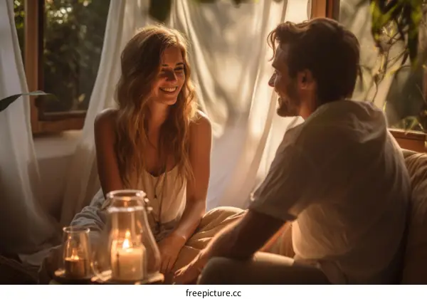 A young couple is sitting on a couch and talking to each other