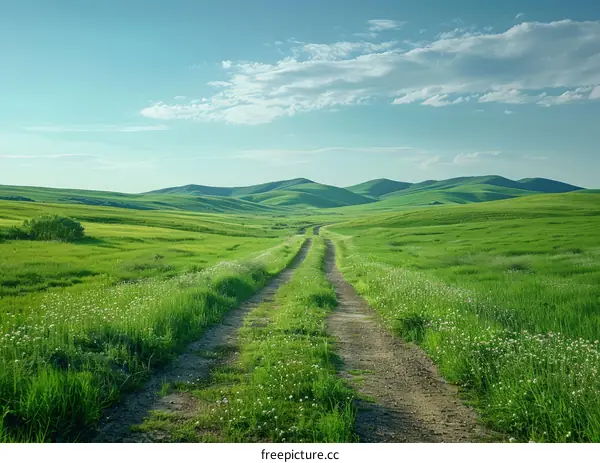 Countryside dirt road through a lush green grassy field