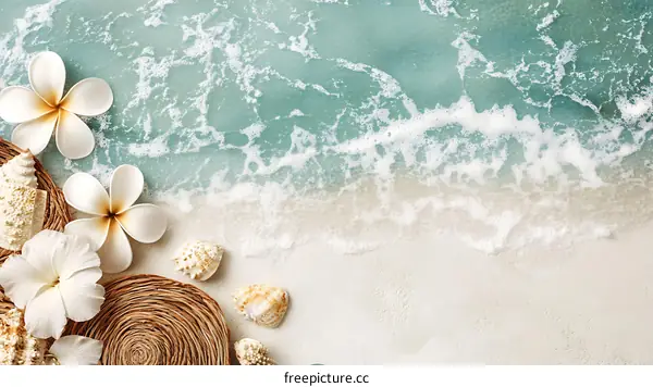 Tropical Beach Summer Background with Seashells, Flowers, and Ocean Waves