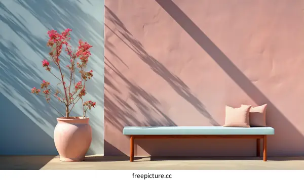 Contemporary outdoor seating area in pink and blue