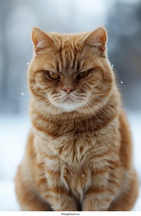 ginger cat looking at the camera with snow falling