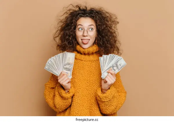 Woman Holding Money in a Studio Shot