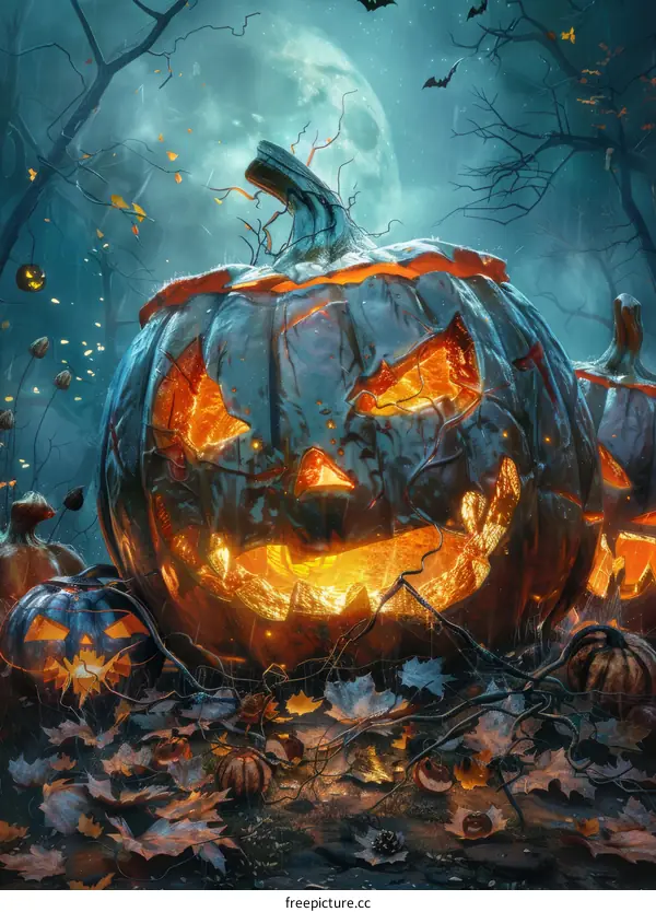 Spooky Halloween Jack-o'-Lantern in an Eerie Forest