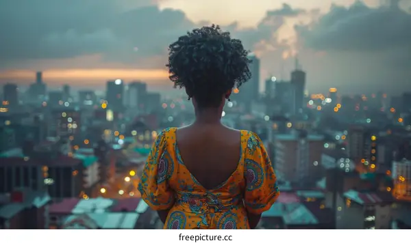 A woman standing on a rooftop in a city looking out at the view