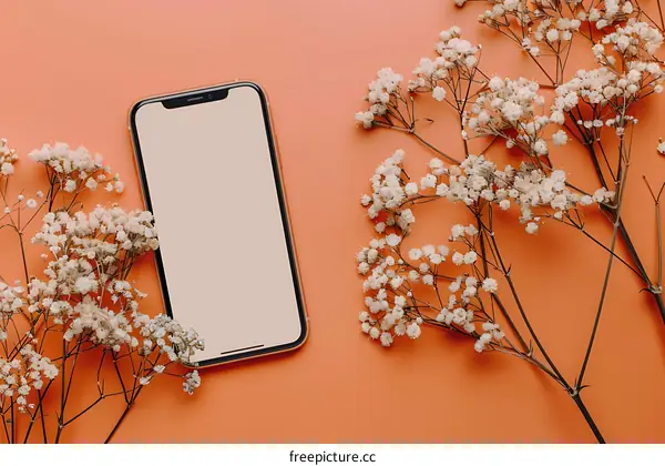 Flat Lay Mobile Phone with Flowers on Orange Background