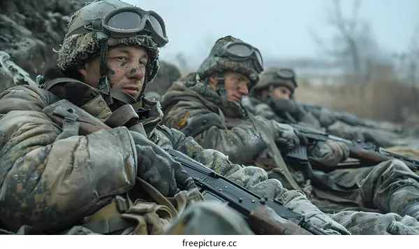 Three soldiers in winter gear take a break during a patrol.