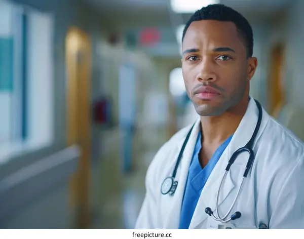 Portrait of a young African-American male doctor in a hospital hallway