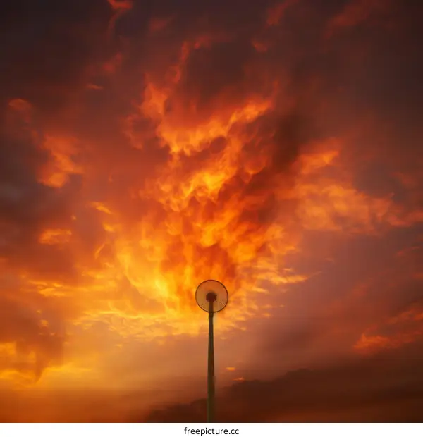 Orange Sky and Clouds at Sunset with a Street Lamp Post