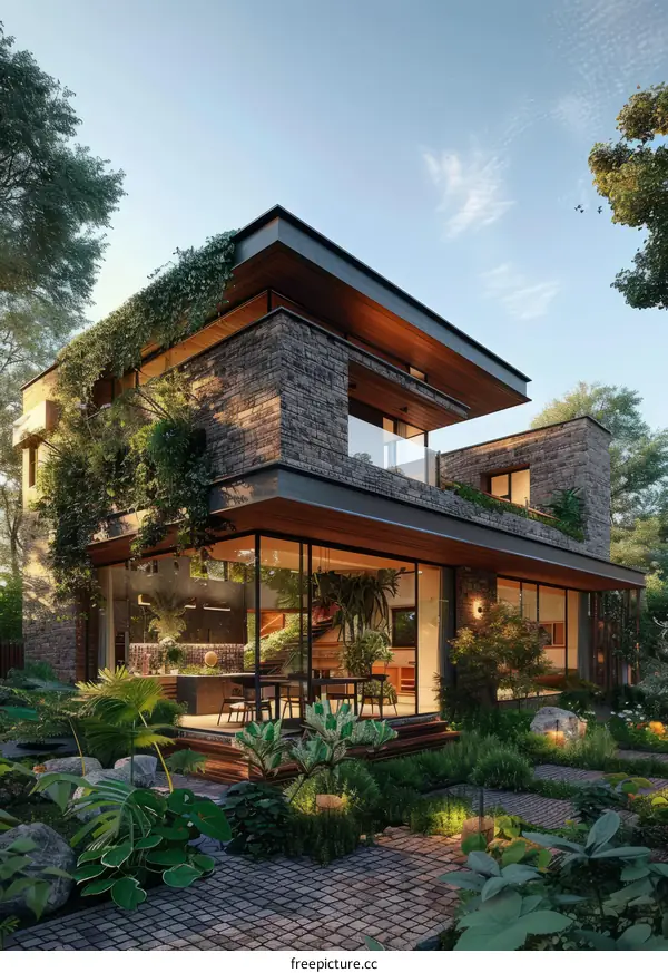 Modern Luxury Villa with Brick and Glass Exterior