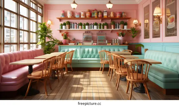 Pink and mint green retro diner interior with large windows