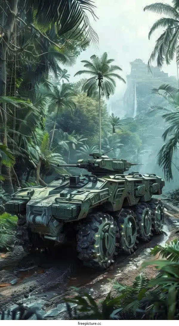 Military Vehicle Traverses Jungle Terrain