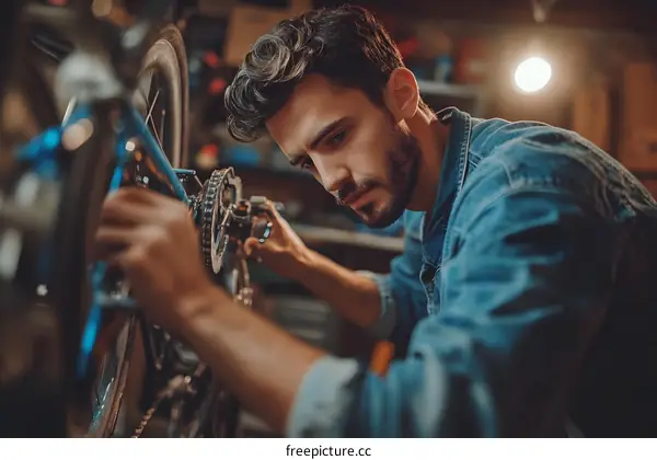 Man Fixing Bicycle Rear Wheel Chain