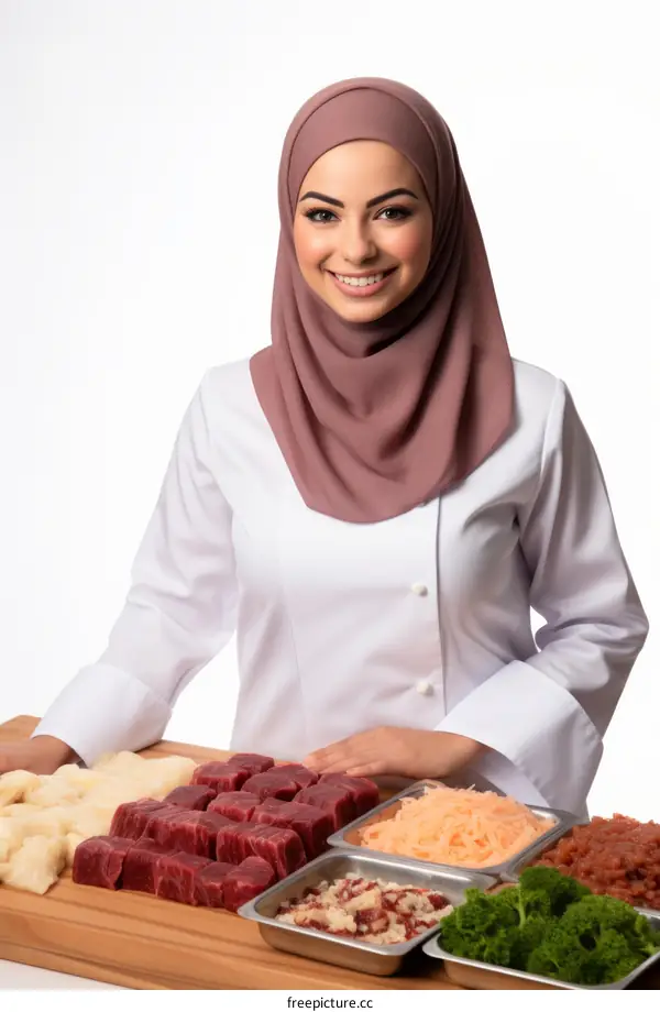 Portrait of a young female middle eastern chef wearing a hijab