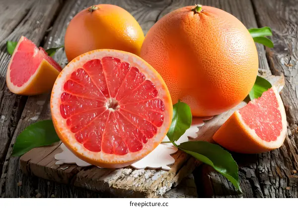 Fresh Ripe Grapefruit Slices on Wooden Background