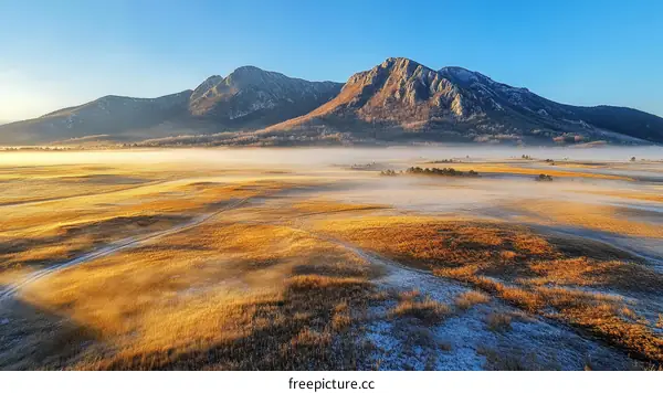 Sunrise over Misty Plains and Mountains