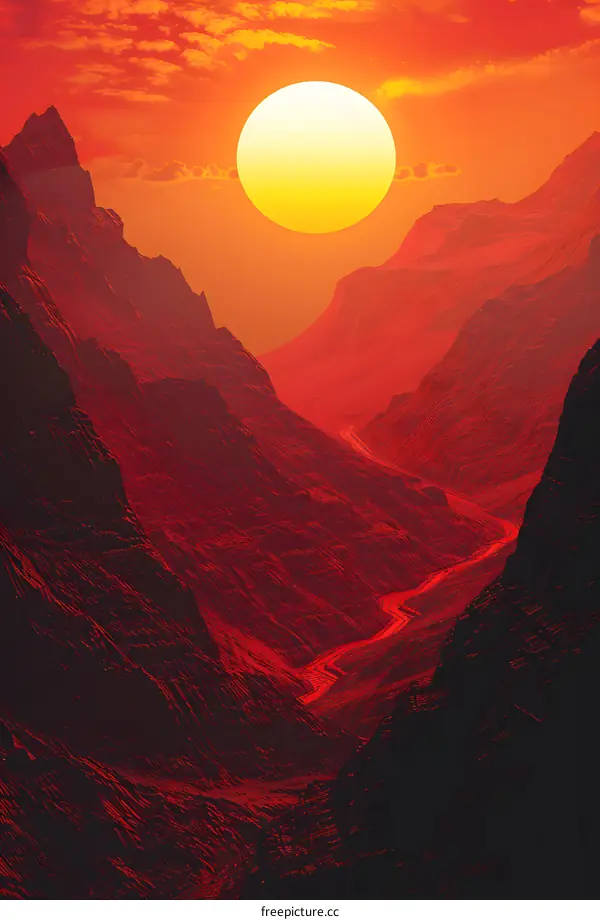 Red Mountains with a Big Sun at Sunset