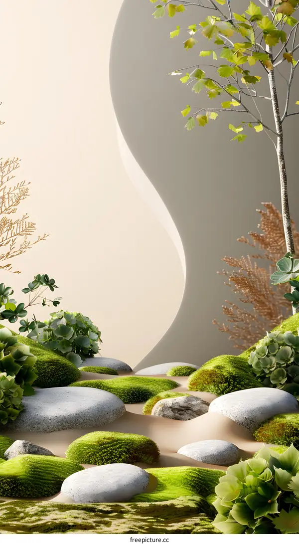 Minimalist Green Nature Scene with Stones and Moss