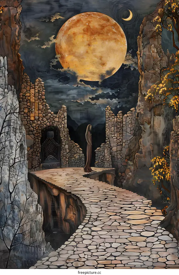 Woman Standing in a Stone Ruined Building Under a Full Moon