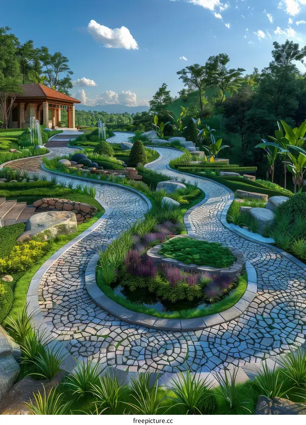 Stone Path Leading to a Tranquil Pavilion in a Landscaped Garden