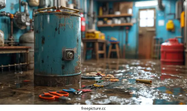 Flooded basement with water heater and tools