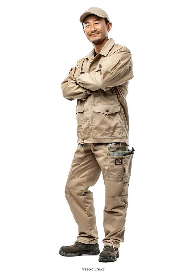 [Transparent Background PNG]Confident Asian construction worker in uniform