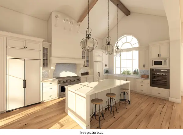 Modern White Kitchen Interior Design With Island And Pendant Lights