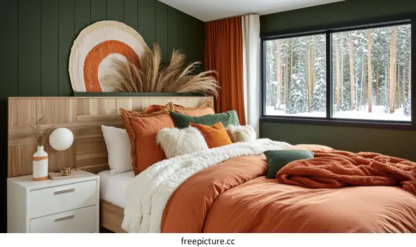 Cozy Rustic Bedroom with Snowy Forest View