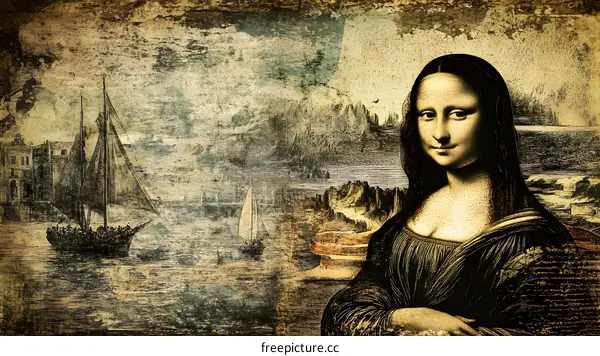 Mona Lisa with Seascape and Sailing Ships in a Vintage Style