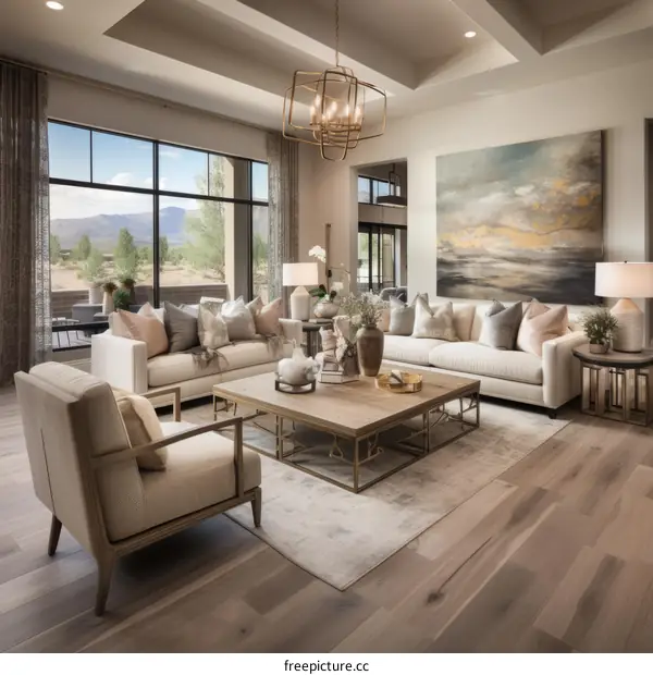 Bright modern living room interior with large windows and white walls