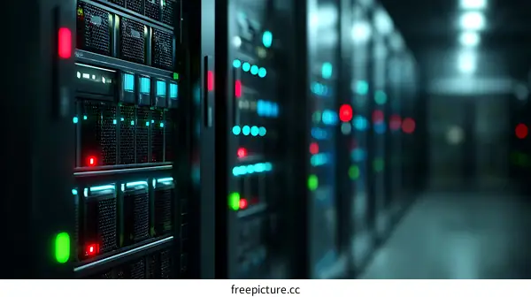 High-Tech Server Room Interior with Multiple Rows of Servers