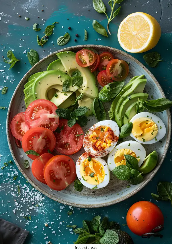 Healthy Avocado and Tomato Salad with Boiled Eggs