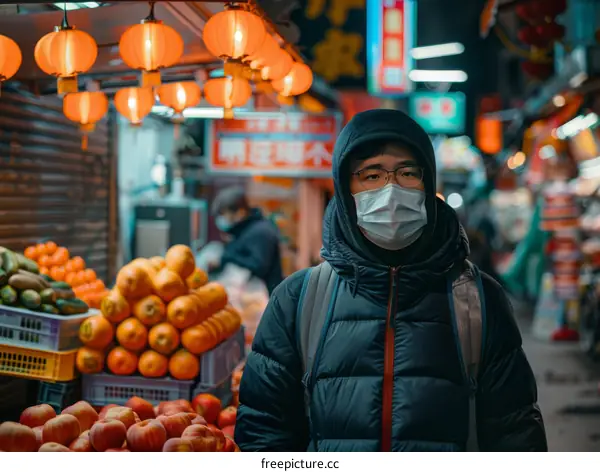 A man wearing a mask is walking in a market.