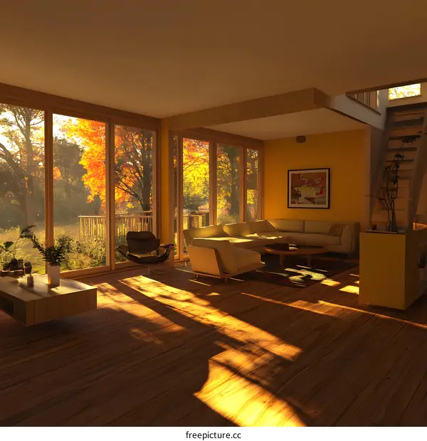 Modern Living Room With Large Windows And Autumn View