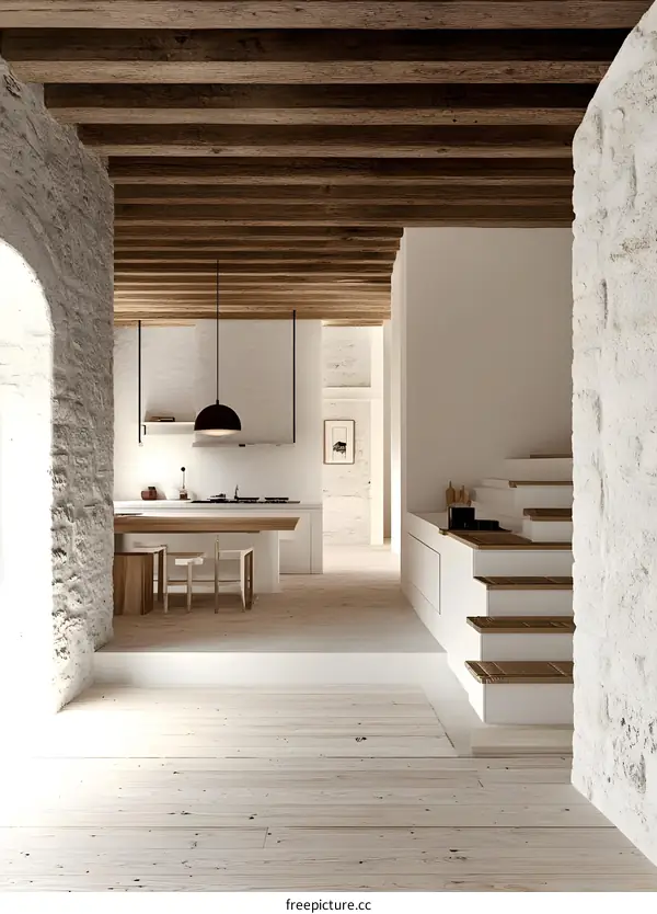 Modern Minimalist Kitchen Interior Design with Wooden Beams and Stone Walls