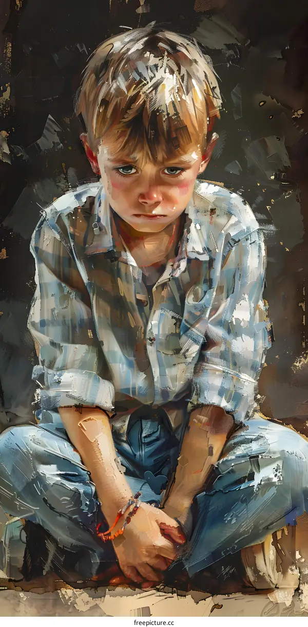 Sad Boy Looking Down in Blue Plaid Shirt