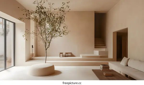 Minimalist Living Room Interior Design with a Tree and Beige Tones