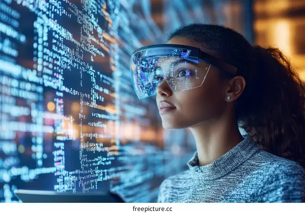 Woman wearing AR glasses examining code