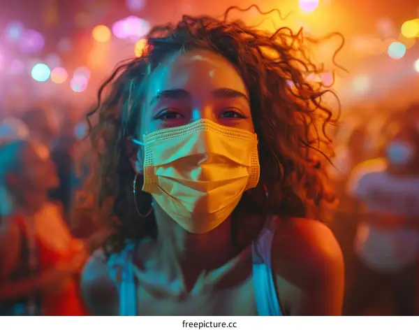 Curly-haired woman in a yellow mask at a party