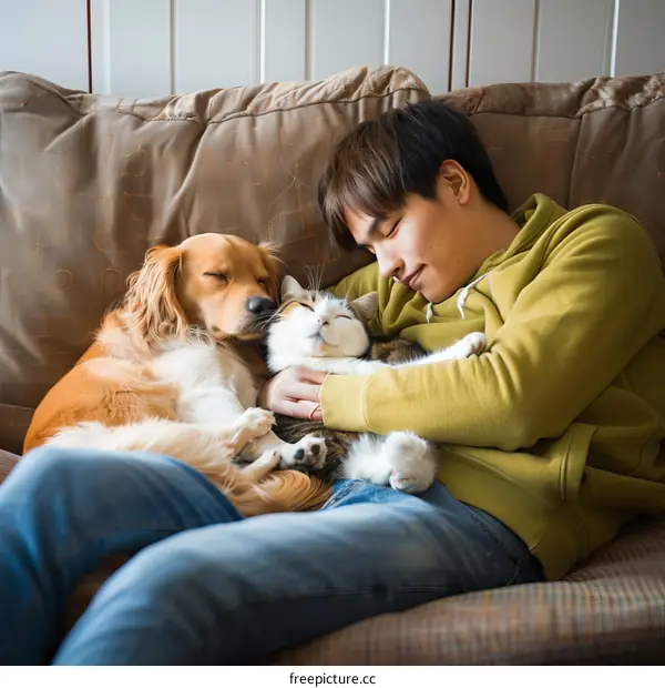 A man is sleeping on the couch with a cat and a dog