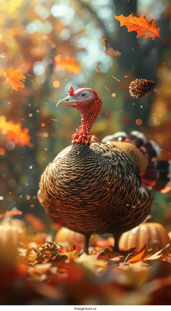 Thanksgiving Turkey in a Field of Autumn Leaves