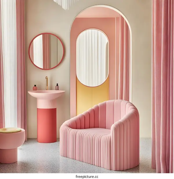 Pink Bathroom Interior Design With Pink Sofa and Mirror