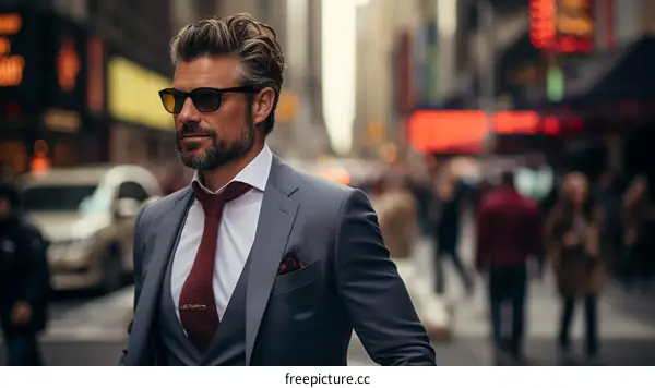 A man in a suit and sunglasses is walking down a busy street.