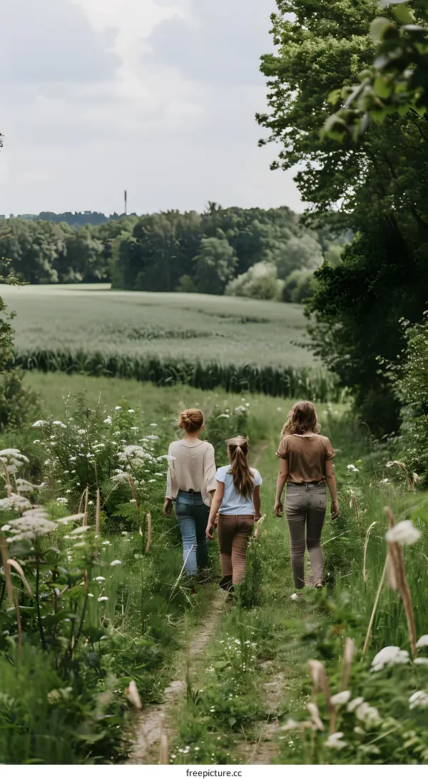 Three People Walking Through A Field