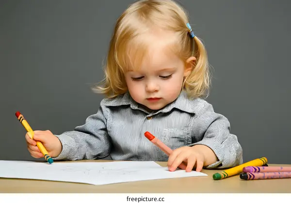 Little Girl Drawing With Crayons On Paper
